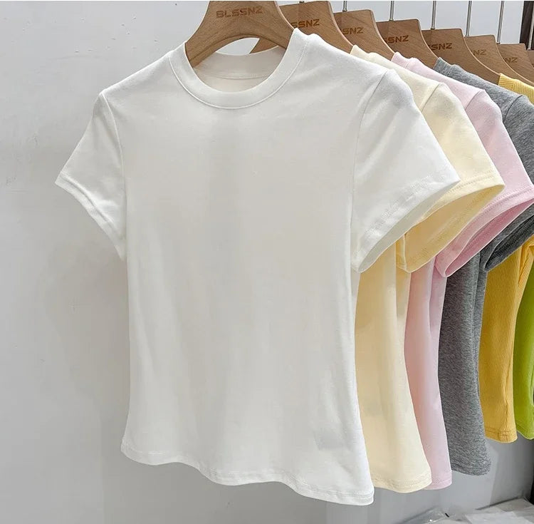 Zjaiss 2026 O-Neck Fashion T-Shirt Summer Sexy Basic Top Solid Short Sleeve Womens Tshirt Casual Korean Tee Streetwear