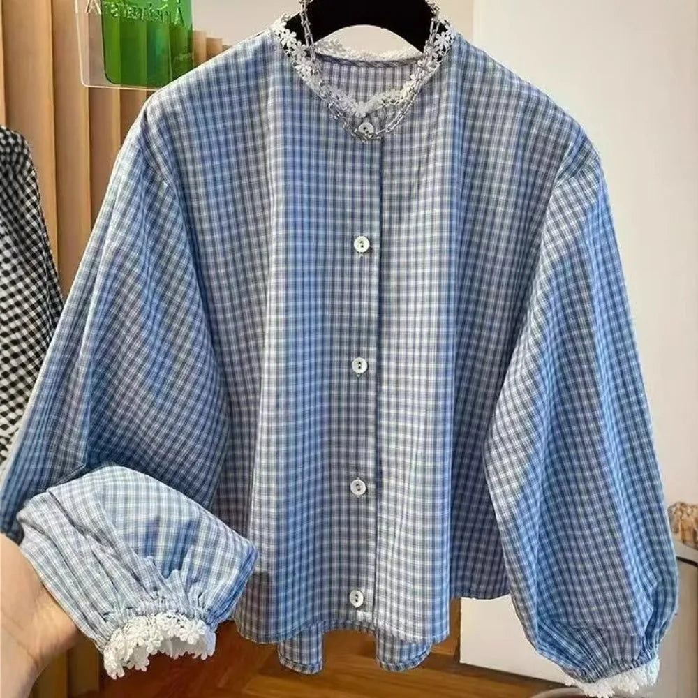 French Style Round Neck Plaid Shirt Retro Long Sleeve Women Shirts Versatile Gentle Women Blouse