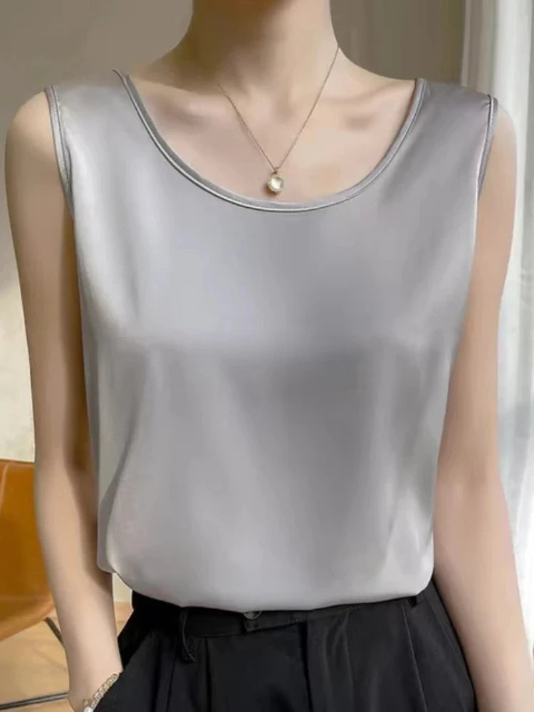 Summer Satin Mulberry Silk Tank Top Casual Versatile Champagne Tops Woman 2026 New Fashion Elegant Vest Loose Sleeveless T-shirt