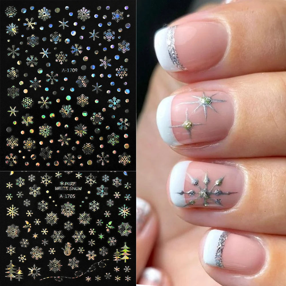 12pcs/set Gold Laser Snowflake Nail Stickers Set 3D Luminous Snowflakes Adhesive Nail Decals Winter Snowman Elk Maniucre Decorat