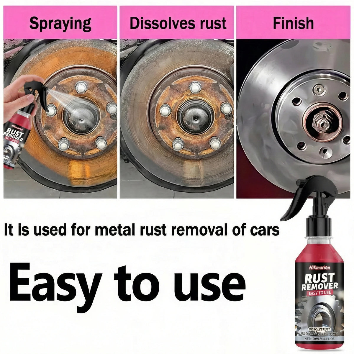 Car Rust Remover Spray, Quick Cleaner for Wheels & Exhaust Pipes, Remove Rust, Iron Powder and Stubborn Stains on Metal Surfaces
