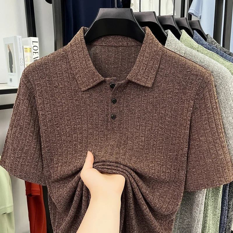 Men's Ribbed Knit Polo Tee - Soft Stretch, Three-Button Lapel