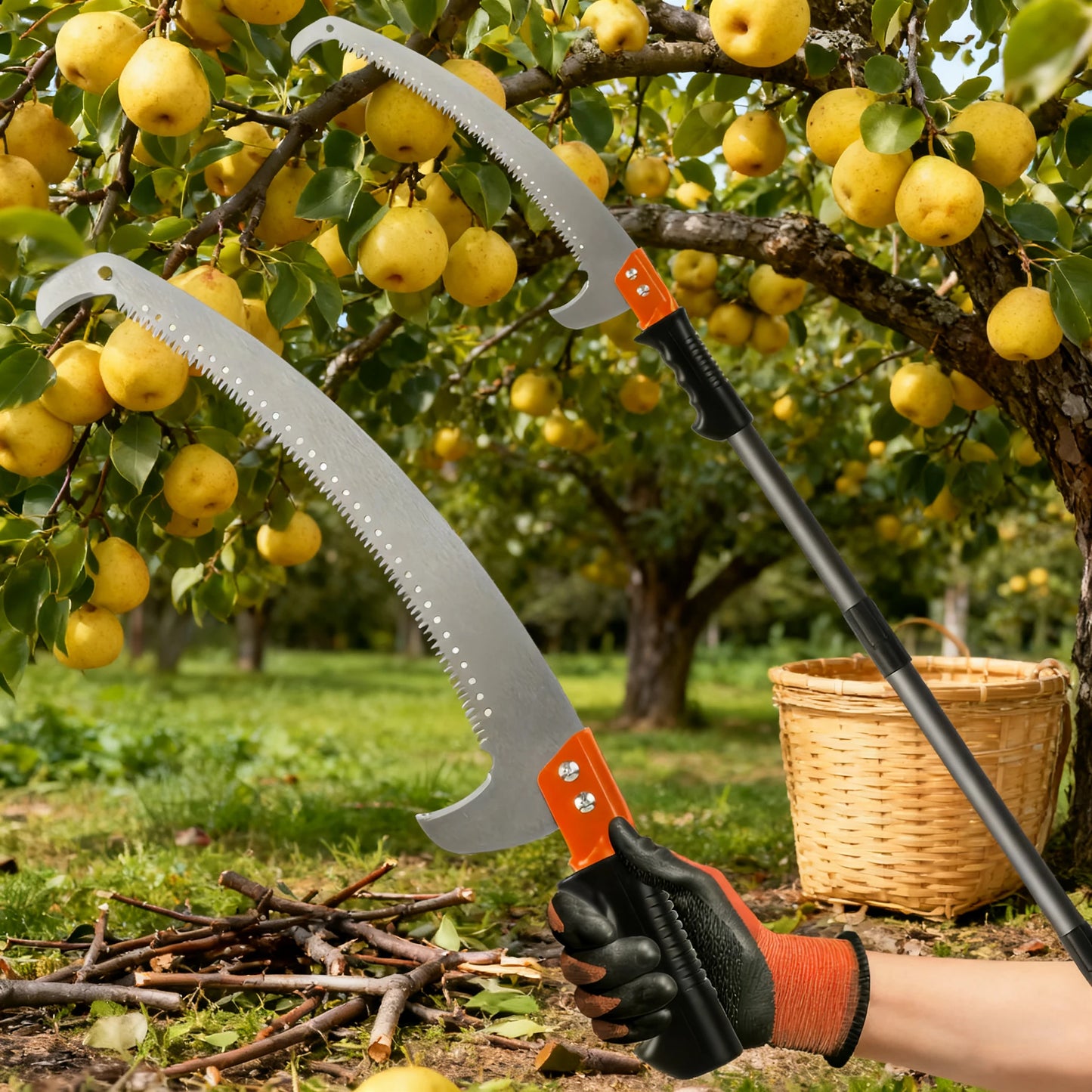 Telescopic Double-Hook Pruning Saw – Extendable High-Reach Tree & Fruit Branch Cutter
