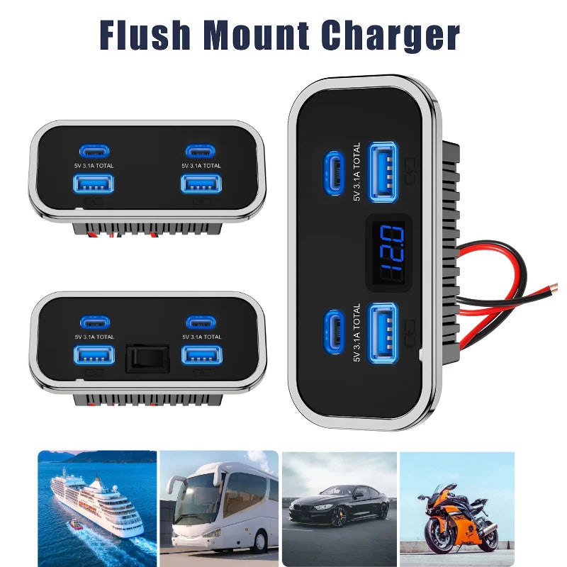 12V-24V 4 Ports Dual USB PD3.0 QC3.0 Outlet 76W Type-C Quick Charge Panel Wall Mount Charger Adapter for Marine Bus ATV Truck RV