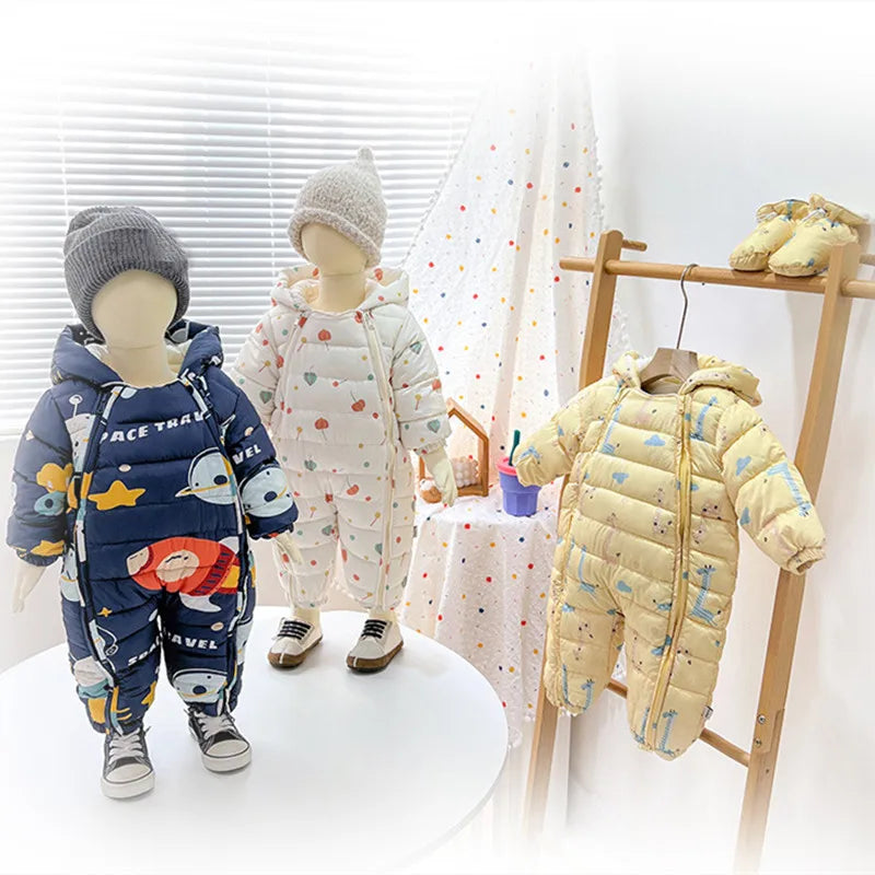 Baby Velvet-Lined Printed Jumpsuit - Thick Winter Romper 3-24 Months - photo 2