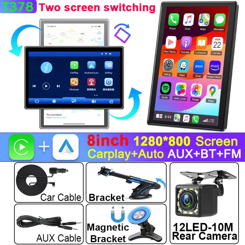 Universal 8 inch Portable Rotatable Car Screen Wireless Carplay Android Auto & WIFI Mirror Link Parking Rear Camera AUX Stereo