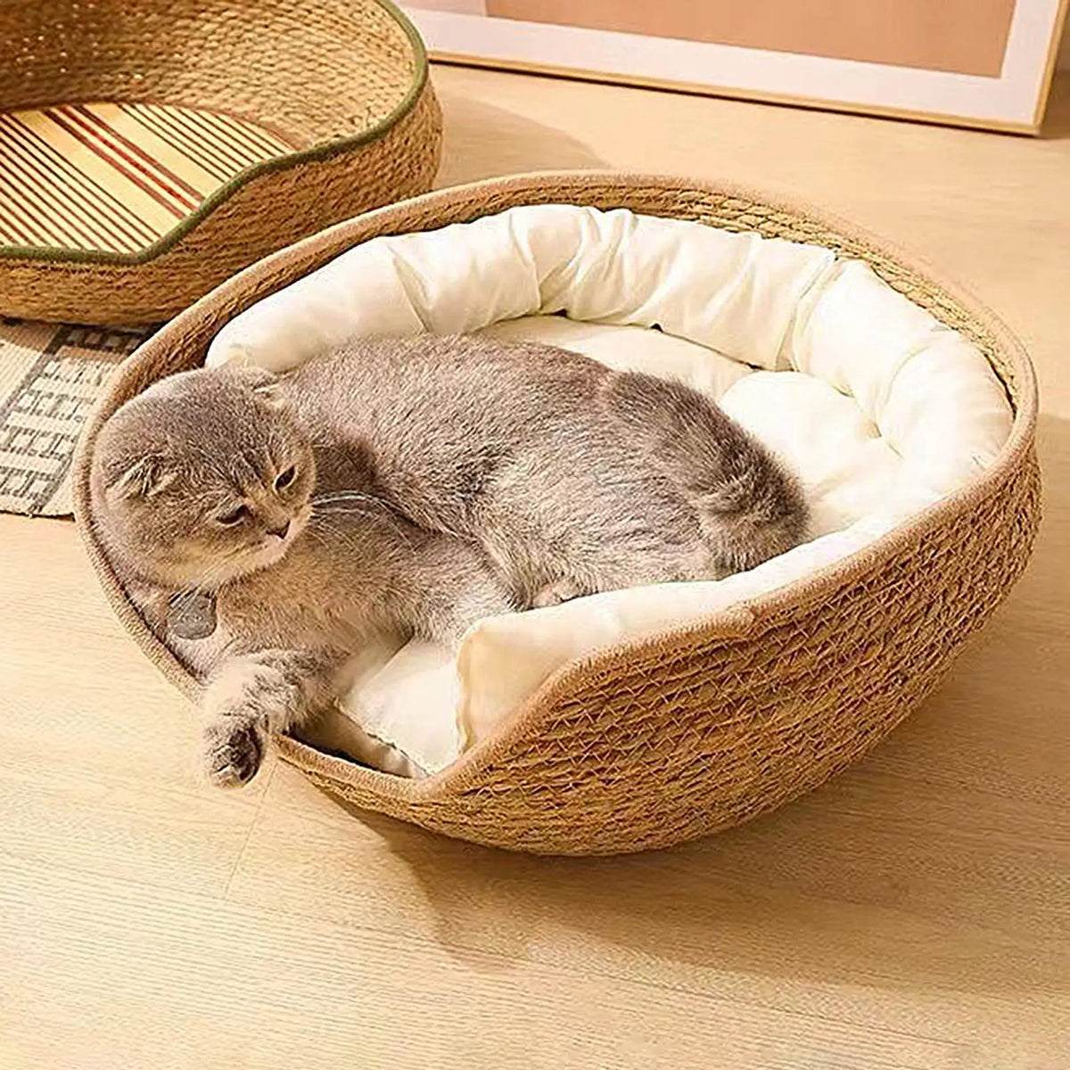 Cat Basket Bed Cotton Rope Woven Cat Bed with Pillow and Cushion All Season Indoor Weaving Pet Resting Scratching Sleeping
