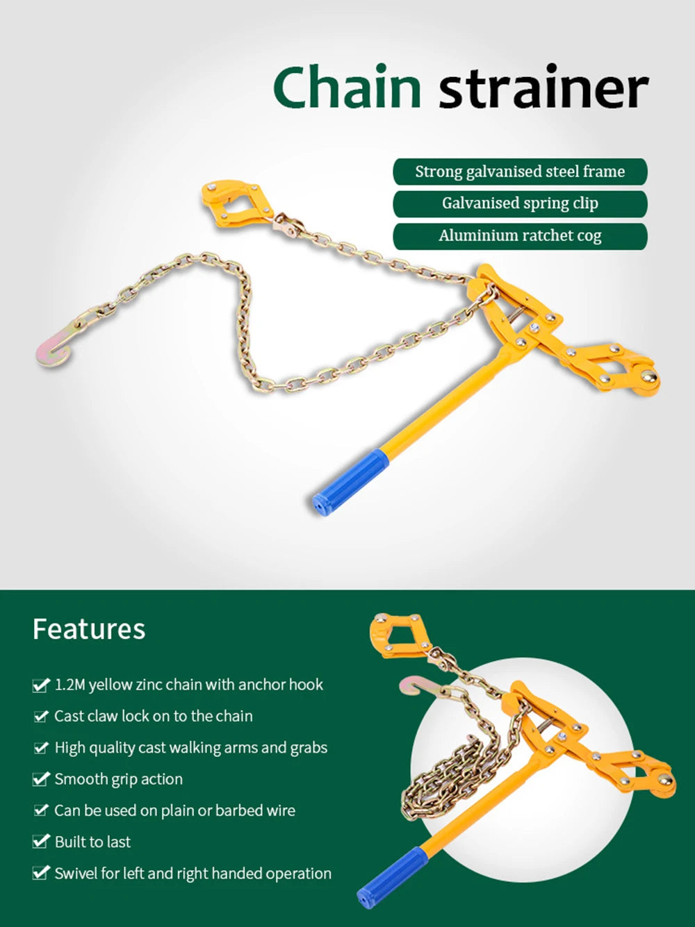 MMAlto Heavy Duty Chain Strainer – Fence Wire Tightener & Stretcher Tool | Compact Design | For Farm Fence, Cattle & Agricultural Wire