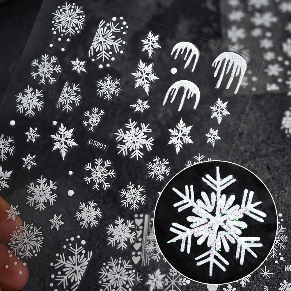 6Pcs White Snowflake Nail Stickers Self-Adhesive Christmas Nail Art Decals Snowflakes Elk Design Winter Xmas Manicure Decoration