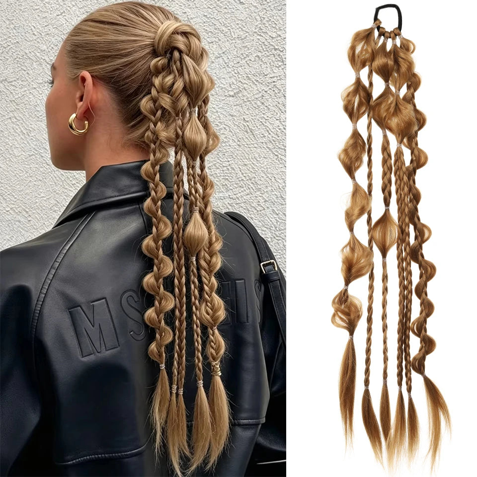24Inch Synthetic Long Braided Bubble Ponytail Wig Extensions Lightweight With Elastic Band Wig Accessories For Women Party Use
