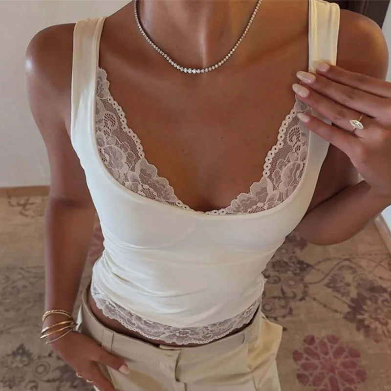 Dulzura Square Collar Backless Slim Lace Ruffles Patchwork Tank Top Women'S Fashion Sexy Y2K Top Party Vacation Summer Clothes