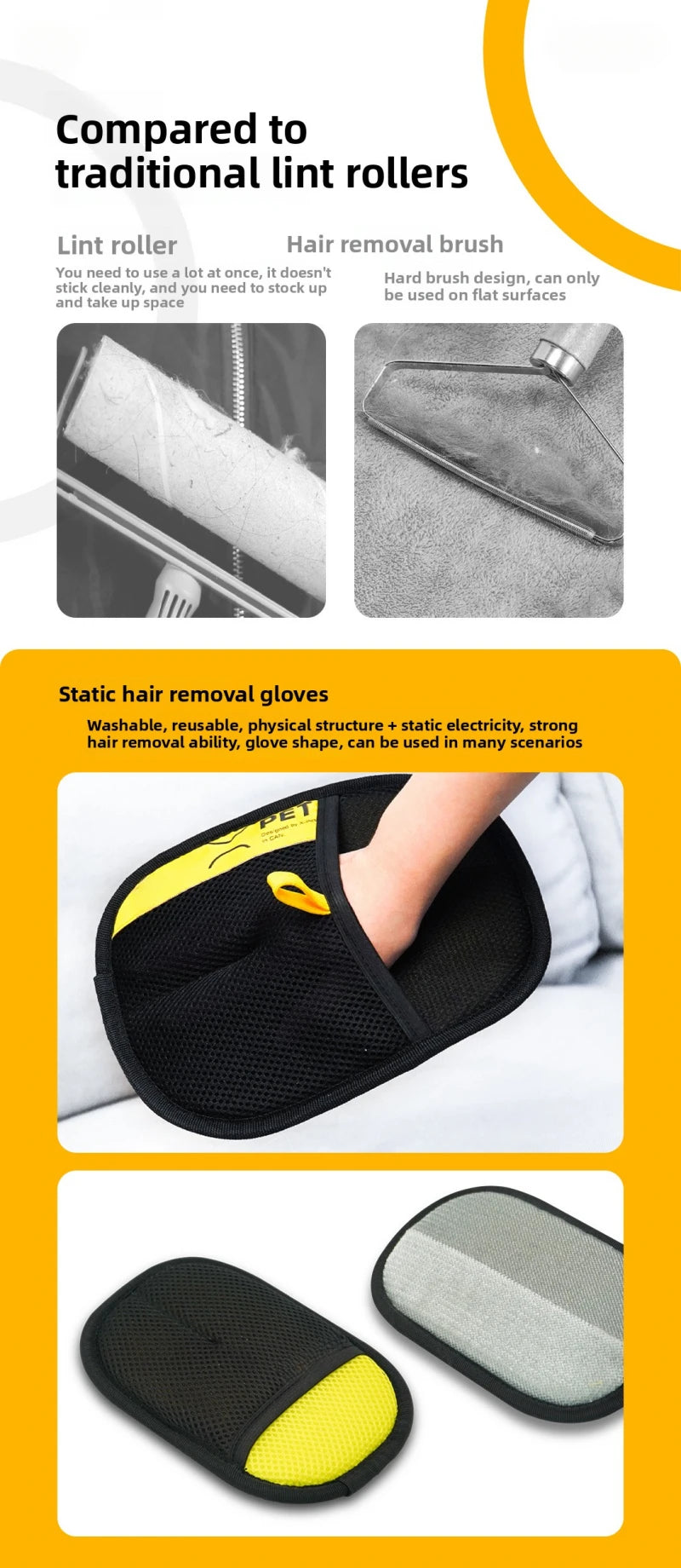 Large Electrostatic Pet Hair Removal Grooming Gloves – Static Fur Remover for Cat & Dog | Sofa, Carpet & Clothes