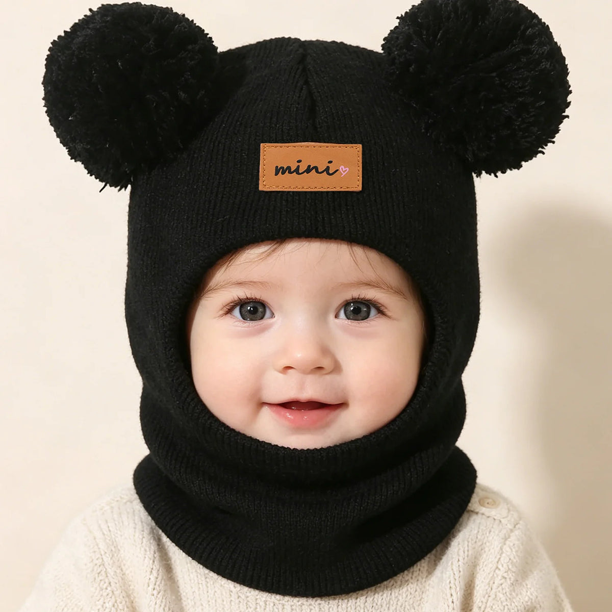 Baby Bear Knit Balaclava Hat - Pom Pom Ear Covering Beanie - photo 3