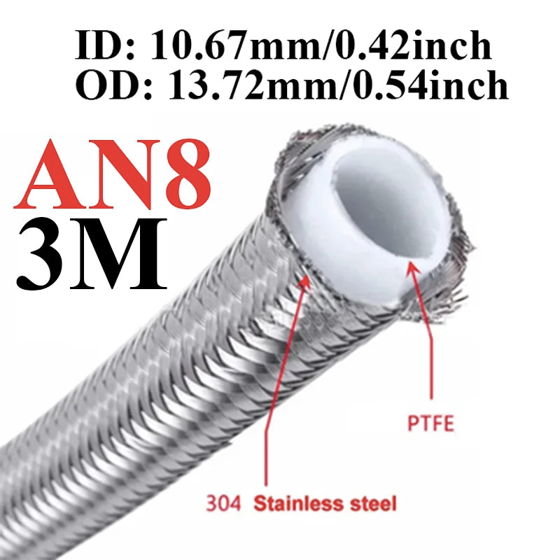 1M/2M/3M/5M AN3 AN4 AN6 AN8 AN10 Racing Hose 304 Stainless Steel Braided PTFE Brake Hose Fuel Oil Line Oil Cooler Hose Pipe