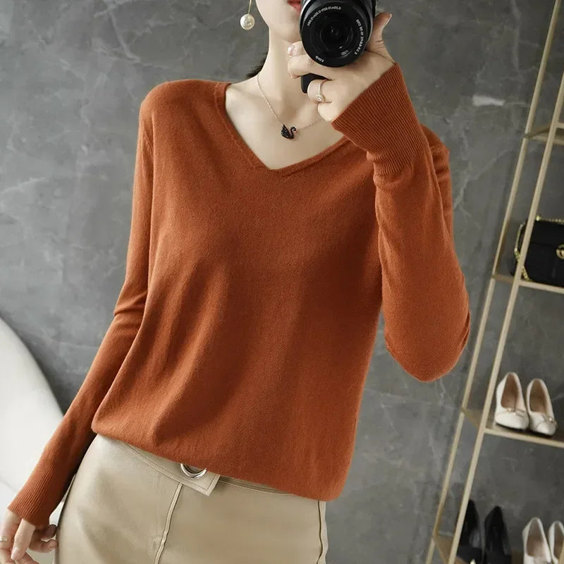 Women Sweater 2026 Spring Autumn Warm Winter Slim Fit Bottoming Shirt V-neck Korean Knitted Tops Casual High Strecth Jumpers