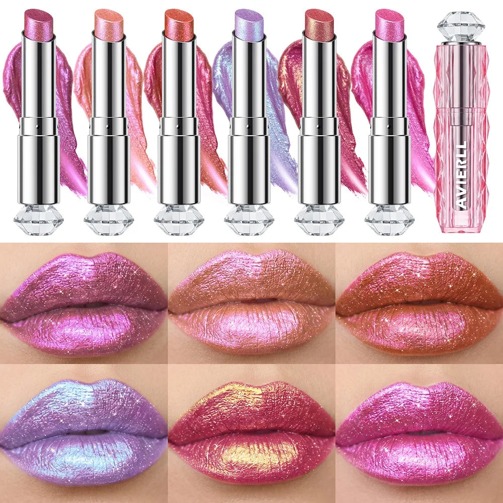 6 Colors Glitter Lipstick Hydrating Red Pink Sparkling Shine Lip Color Highly Pigmented Lip Tints Metallic Finish Lip Makeup