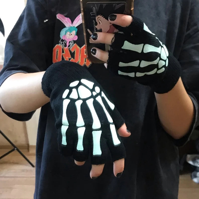Glow in the Dark Skeleton Fingerless Gloves