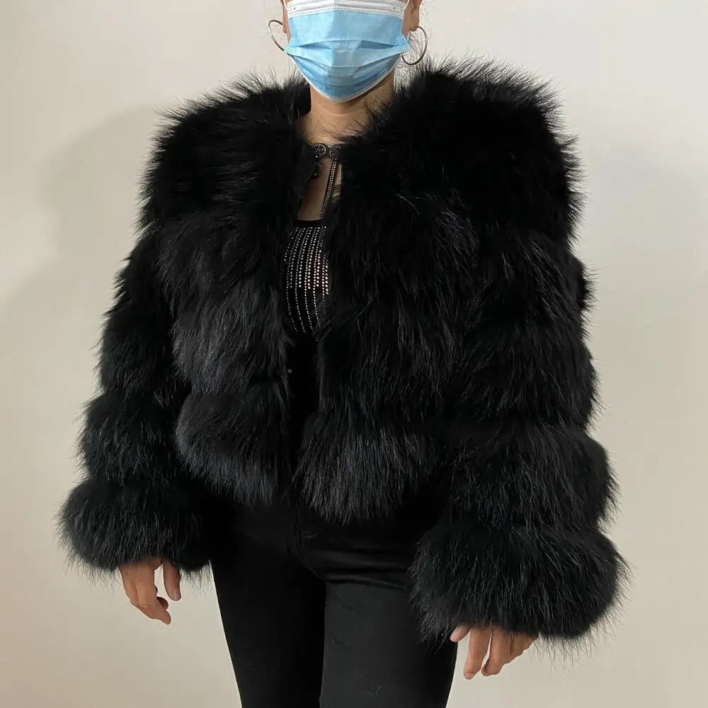 Women's Hooded Raccoon Fur Coat, Turn-Down Collar