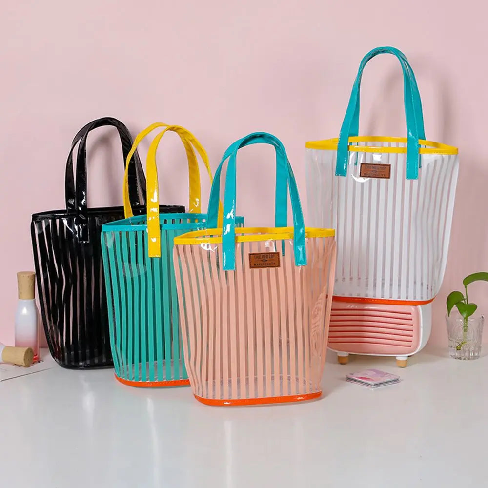 Large Capacity Transparent Handbag Waterproof Stripe Print Beach Bag Wash Bag Protable Travel Shopping Sundry Storage