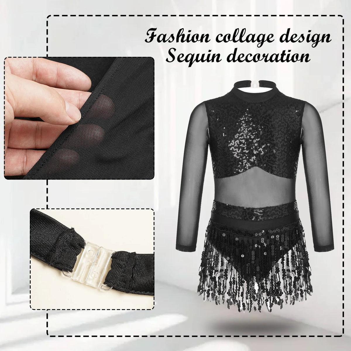 Girls sequin tassel Latin leotard dress