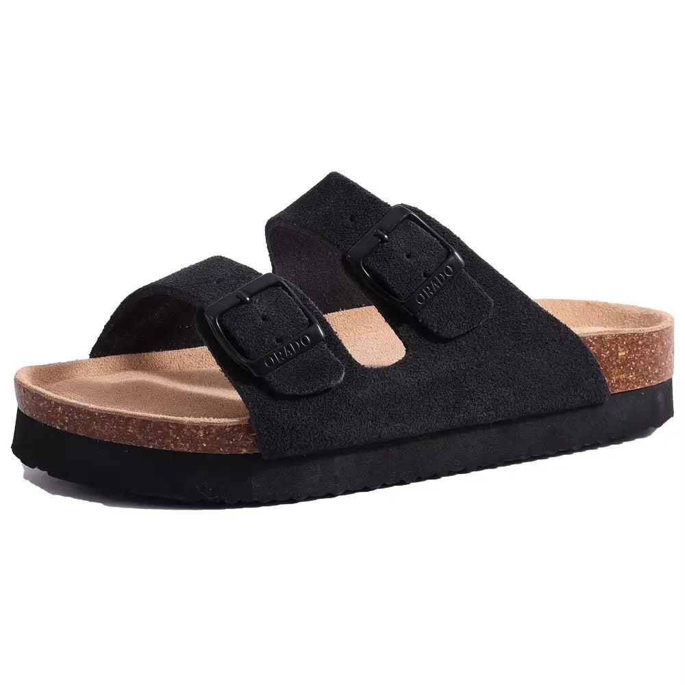 Crestar Women Cork Footbed Slippers Summer Couple Adjustable Double Buckles Flat Sandals Outdoor Cork Beach Slides With Open Toe