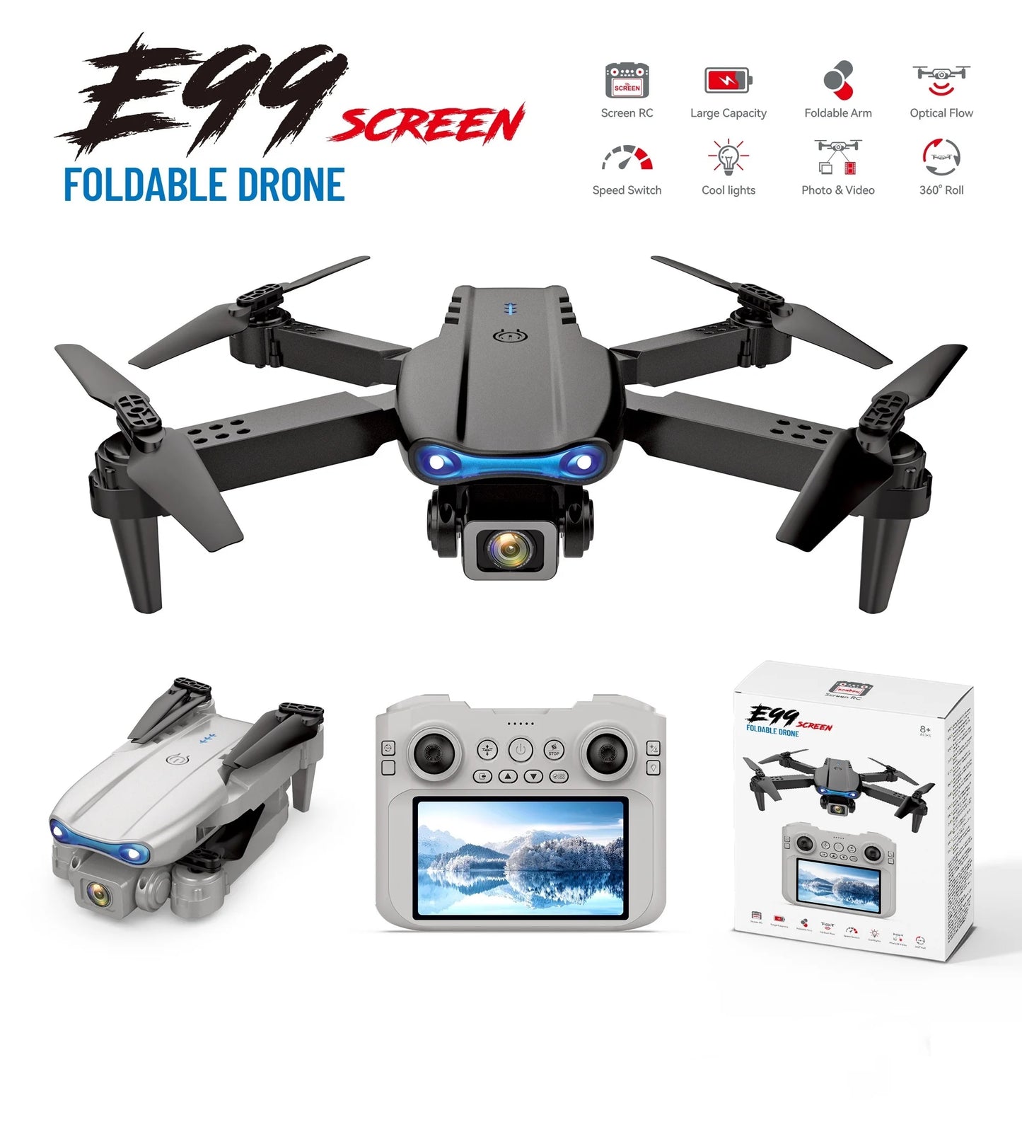 2026 New E99 MAX Drone Factory Professional 8K HD 4.3" Remote Control Headless Mode Helicopter 360 Flip Quadcopter Kid Toy Gifts