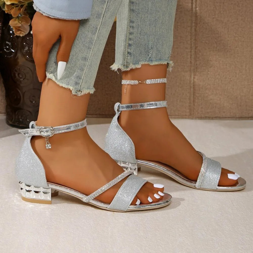 Crystal Low-Heel Dress Sandals for Women — Ankle-Strap Plus-Size Party Shoes