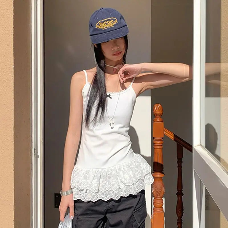 Women Patchwork Lace White Suspender Vest Trim Bottom Hem Layer Skinny Halter Tops Ruffle Edge Skin-friendly Breathable Vest