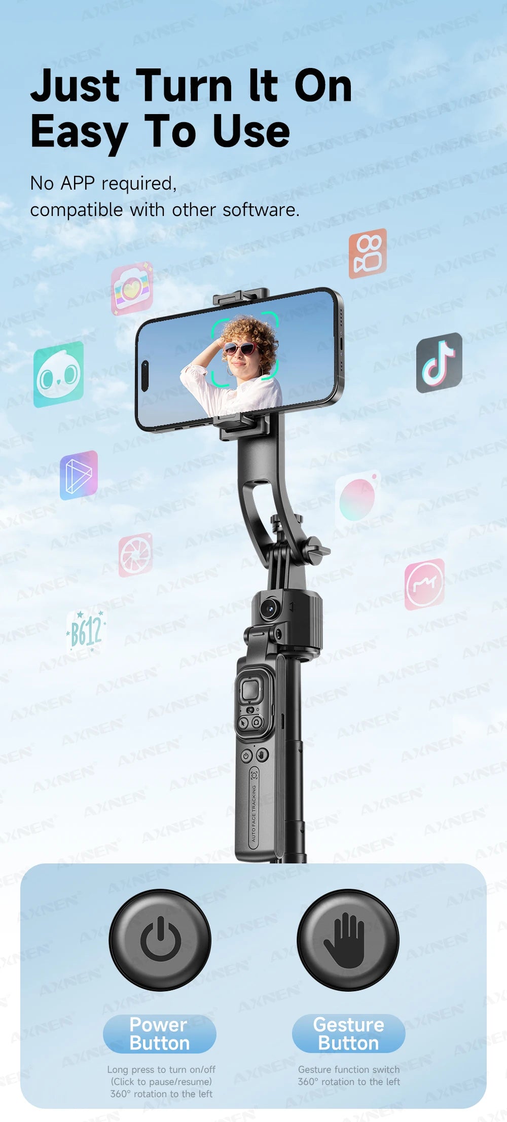AXNEN C17 64" AI Face Tracking Selfie Stick Tripod – 360° Auto Rotation, Bluetooth Remote & Quadruped Stand
