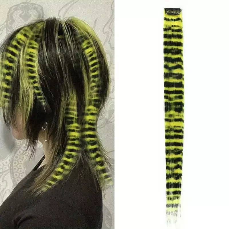 3pcs/set Stripe Printed Hair Colorful Long Straight Hair Pieces Synthetic Clip-in Hair Extensions for Daily Use Party Halloween
