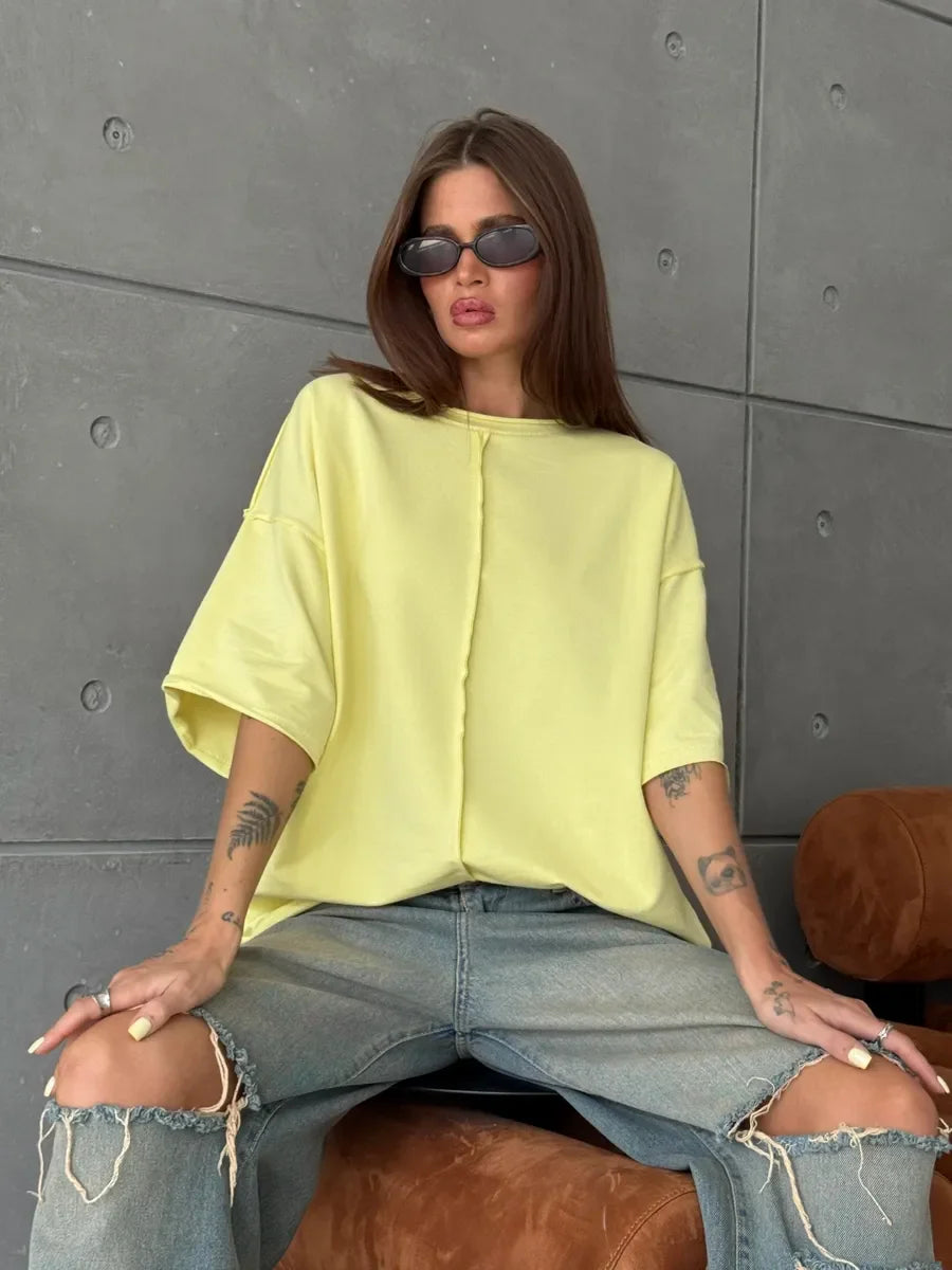 Hirsionsan Summer Casual Oversized T-shirts Women 100% Cotton Pink Loose Tees 2026 New Cusual Solid O Neck Female Aesthetic Tops