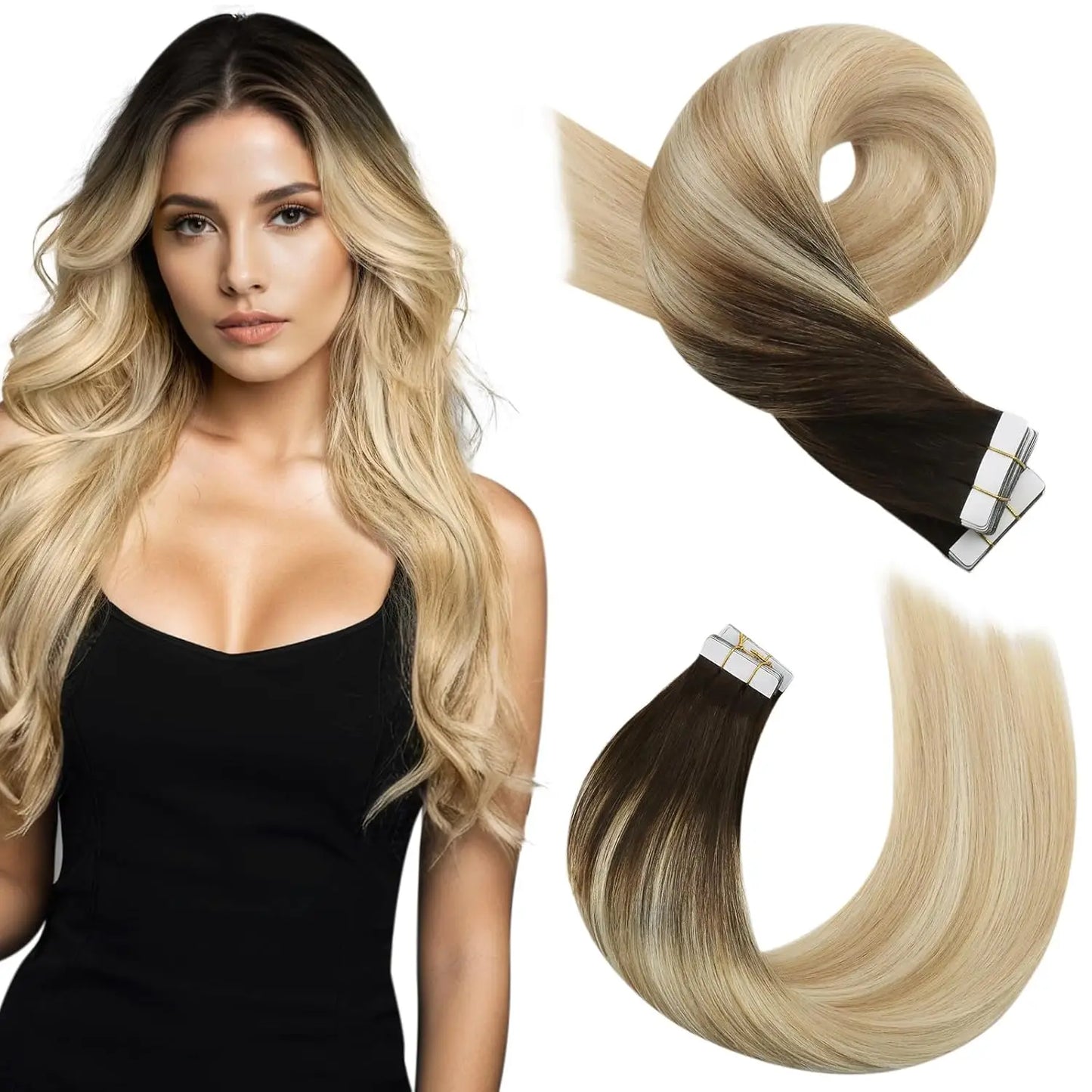 Moresoo Tape in Human Hair Extensions Balayage Blonde Hair Remy Hair Natural Soft Skin Weft Straight Seamless Hair Tape in Hair