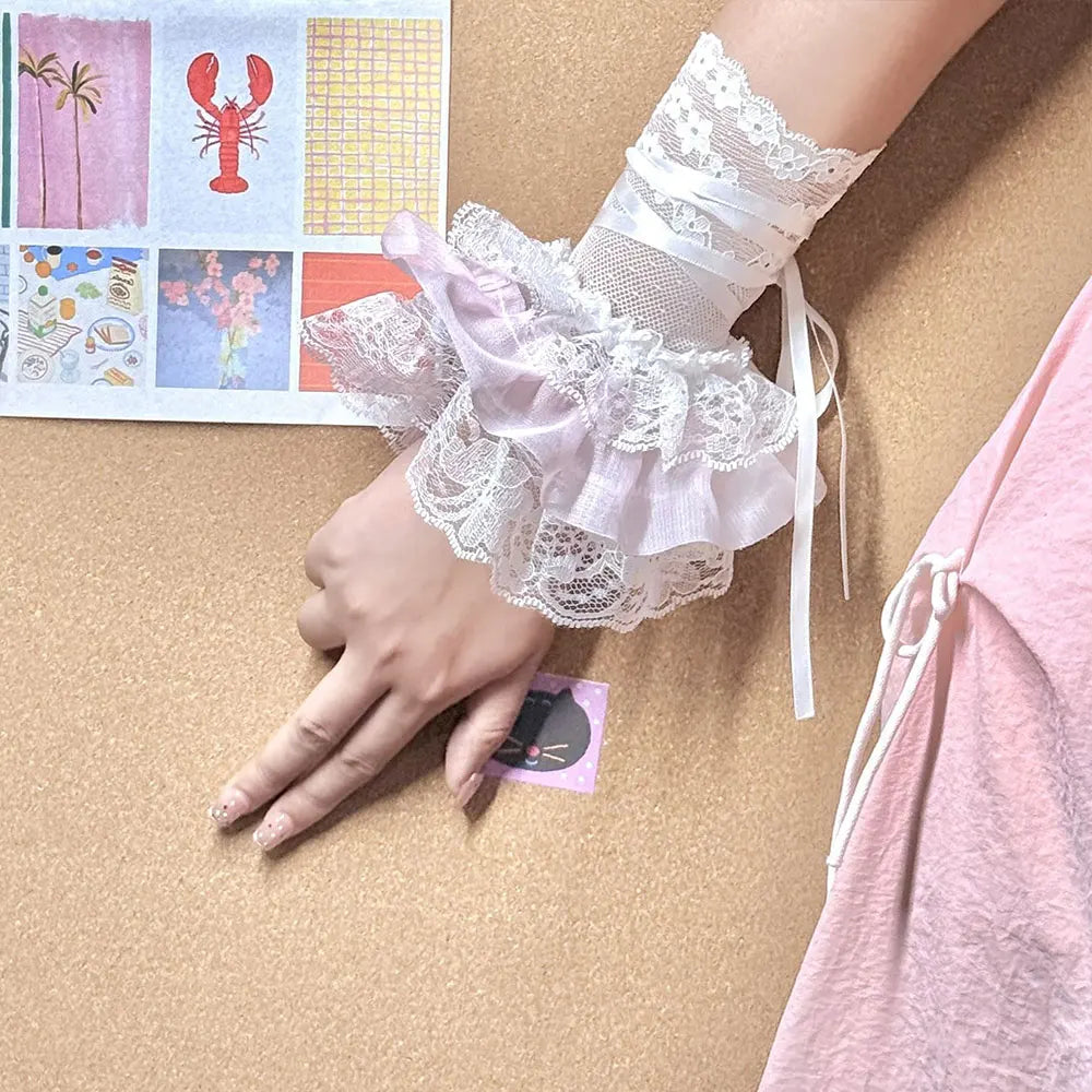 1 Pair Women Lolita Jk Lace Fingerless Gloves Black Gothic Fake Sleeves Trendy Elastic Long Lace Arm Sleeves Clothes Decoration