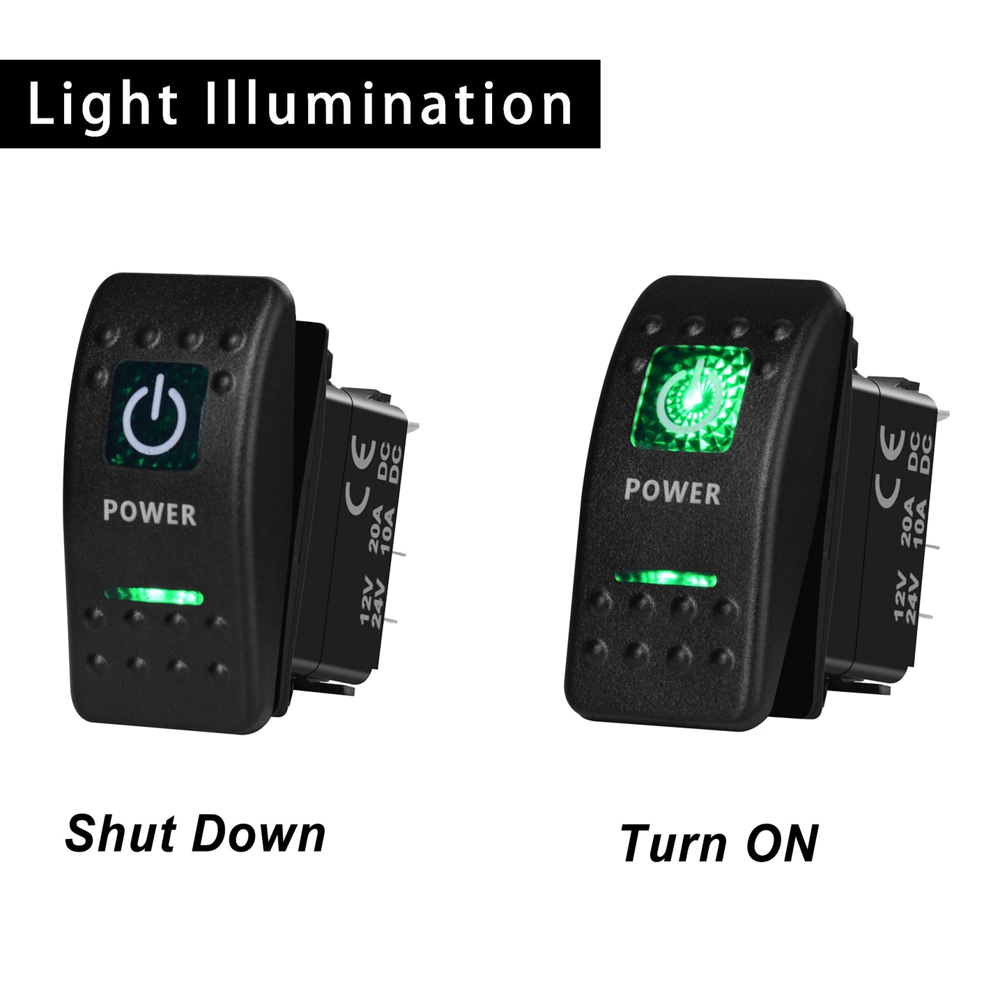 Green LED Rocker Switch - Waterproof SPST & DPDT Options