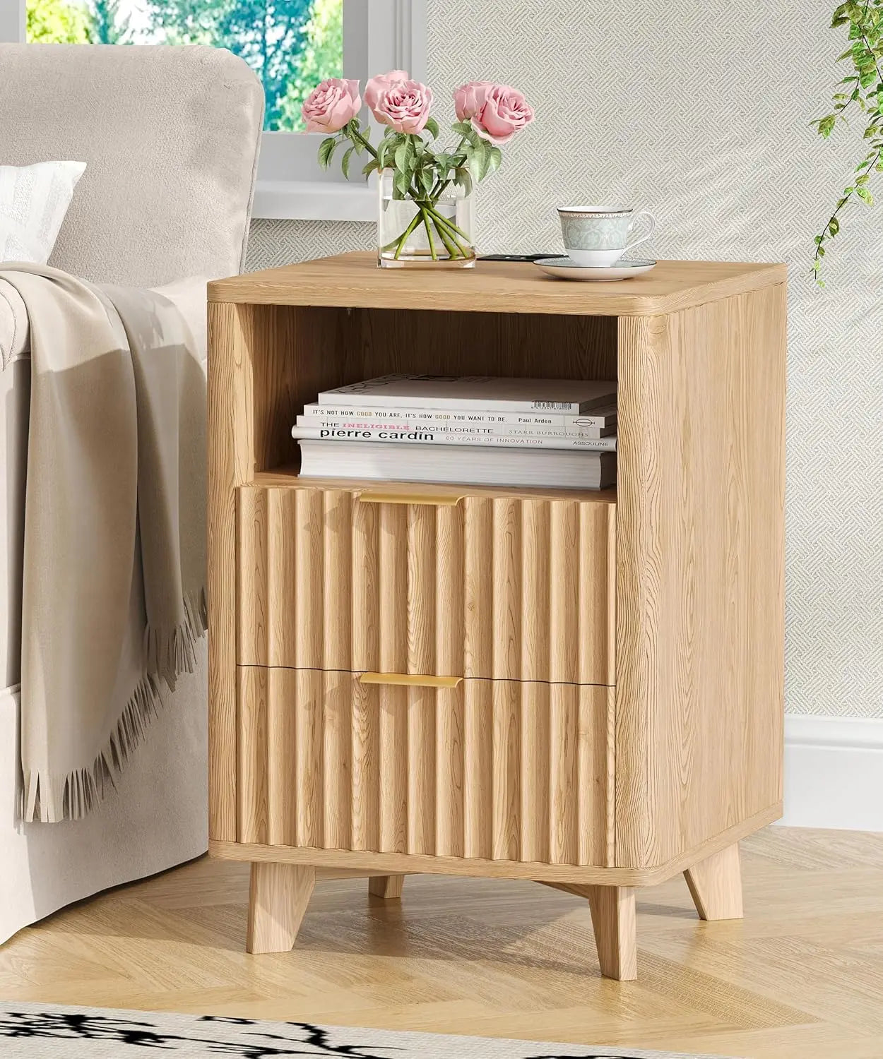Fluted Nightstand Set USB LED 2 Drawers Shelf Small Bedroom Oak,Customized