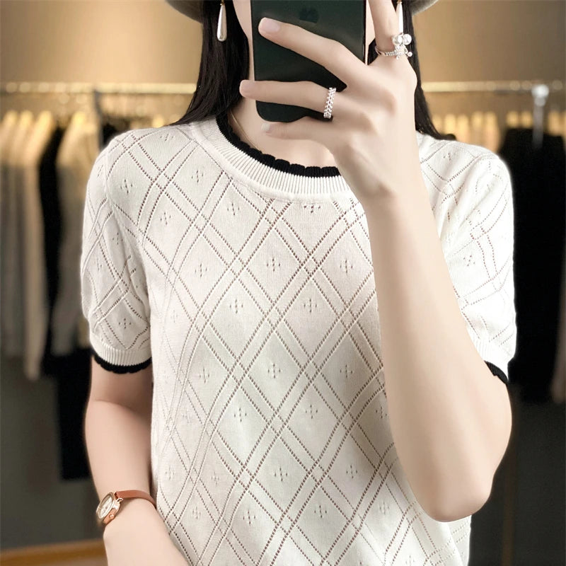 Pure Cotton Hollow Short-Sleeved Ladies Spring And Summer Loose Slim New Joker Knit Bottoming T-Shirt