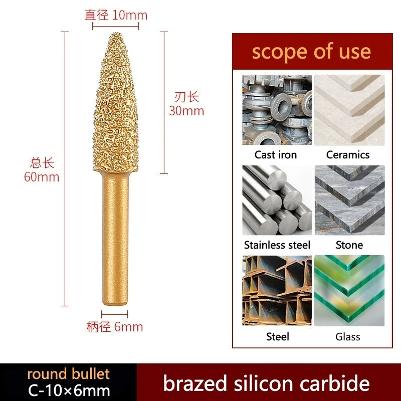 6mm Shank Brazed Diamond Grinding and Polishing Head for Cast Iron Stone Marble Tile - Deburring Metal Processing  Carve