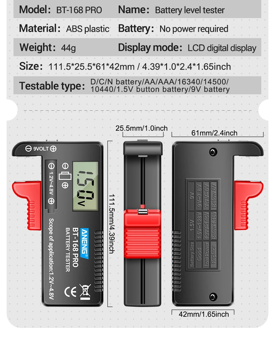ANENG BT-168 PRO Digital Battery Tester Checkered load analyzer Display Check AAA AA Button Cell Lithium Capacity Universal test
