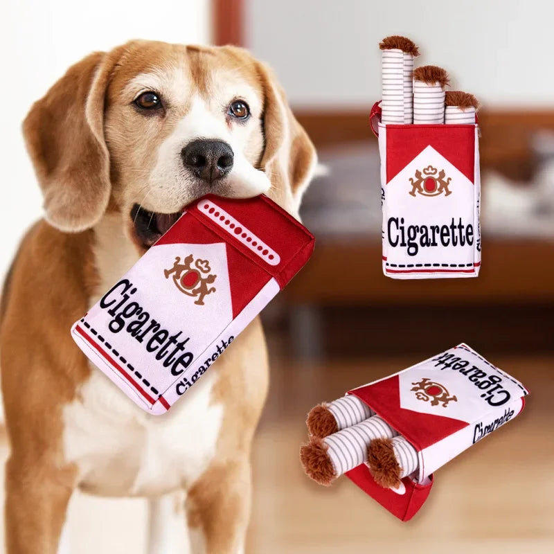 Funny Cigarette Pack Plush Dog Toy Set, Squeaky