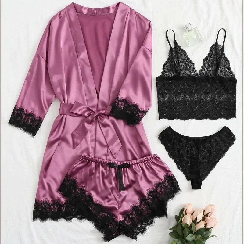Women's 4-Piece Lace Camisole Pajama Set – Sexy Lingerie Nightgown, Shorts, Robe & Leisurewear | S–XXL (7 Colors)