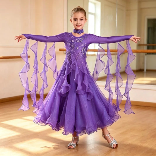 Girls pink V-neck fairy ballroom waltz dress