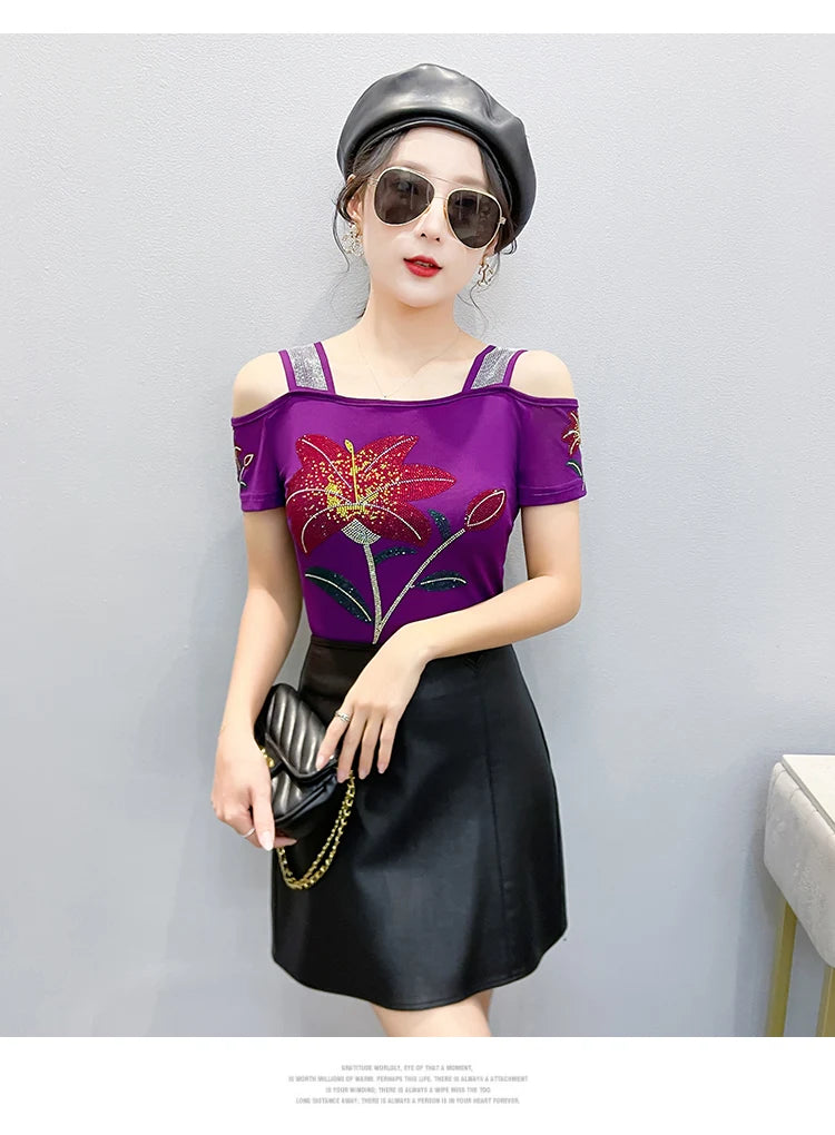 Women's Off-Shoulder Rhinestone Mesh Top