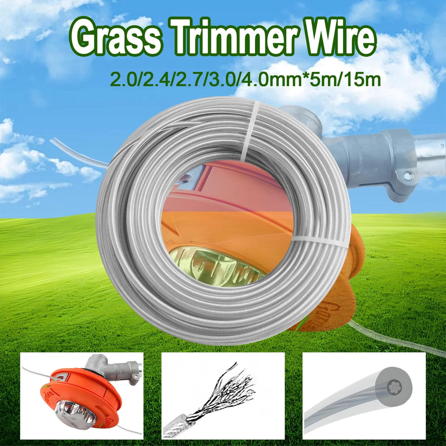 5/10/15M 2.0～4.0mm Steel Core Trimmer Line Grass Cutting Rope Heavy Duty Weed Wacker String with Wire Steel For Lawn Mowing
