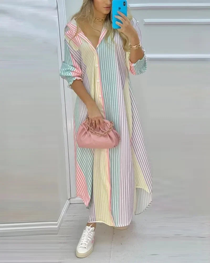 Women Lapel Collar Long Sleeve Leaf Print Button Front Split Maxi Shirt Dress Casual Daily Commuter Cover Up