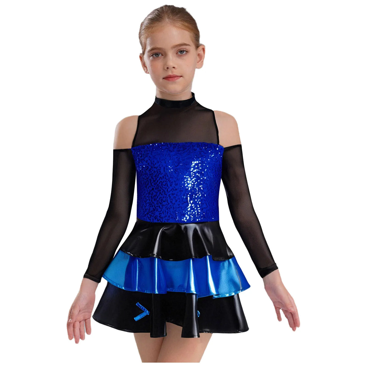 Girls cold-shoulder sequin tiered jazz dress