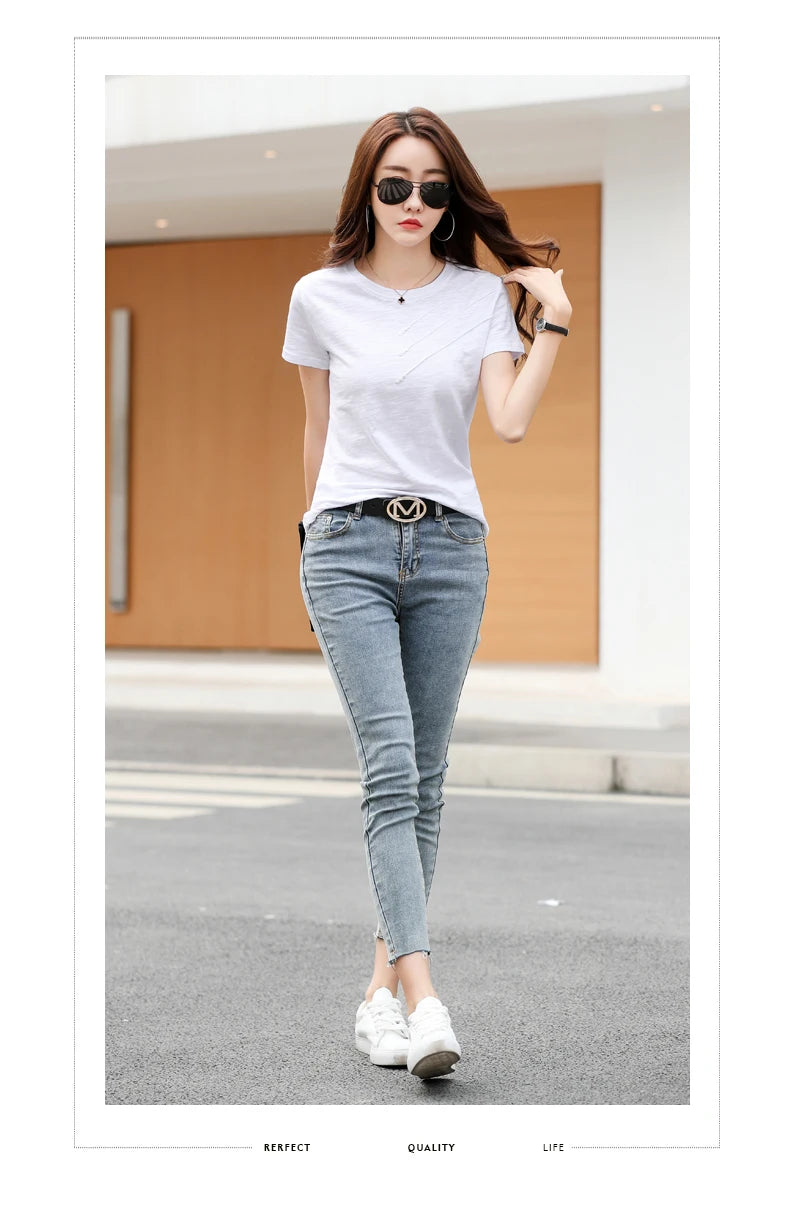 Women's slub cotton button tee, loose crew neck — view 9 of 20