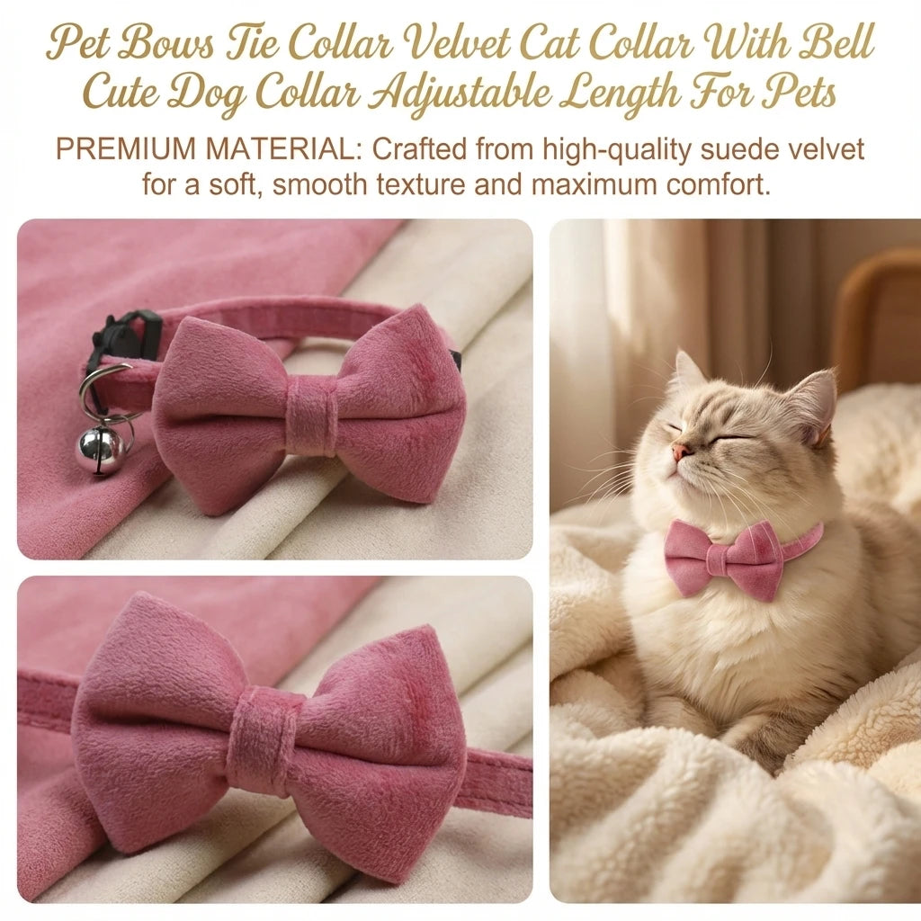 Velvet Bow Cat Collar with Bell - Adjustable Safety Buckle