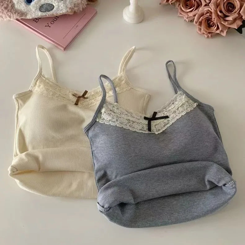Sexy White Knit Camisole Lace Tank Top Cropped Vest Women's Sleeveless Crop Tops with Chest Pad Y2k Cute Summer Slim Undershirt
