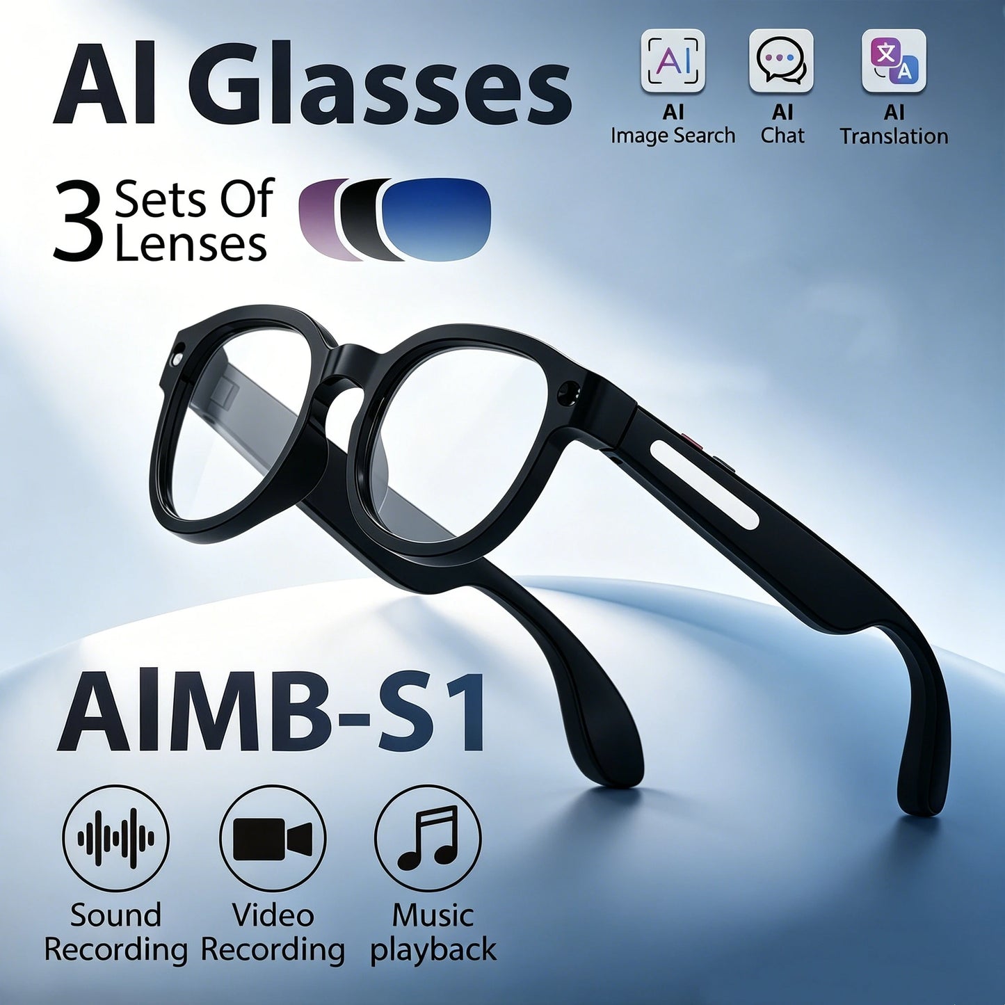 High appearance intelligent AI glasses, dual cameras, 2 million pixels, with three lenses, wireless smart glasses, hunting glasses, video glasses, AI shooting glasses, cycling glasses, sports camera, long battery life, high s