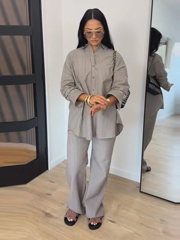 Lapel Short-Sleeve Shirt & Straight Pants Set — 2-Piece